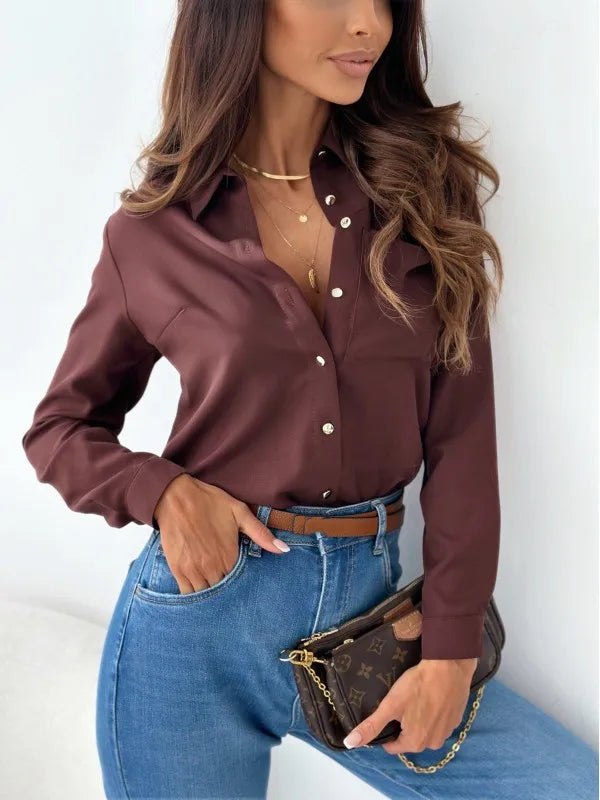 Fashion Long Sleeve Shirt Blouse Women Office Elegant Button Pocket Top Casual