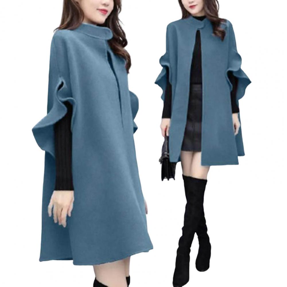 Women Winter Coat Solid Color Formal Elegant Big Hem Midi Length Long Sleeves Cardigan Stand Collar Lady Cloak Coat for Dating