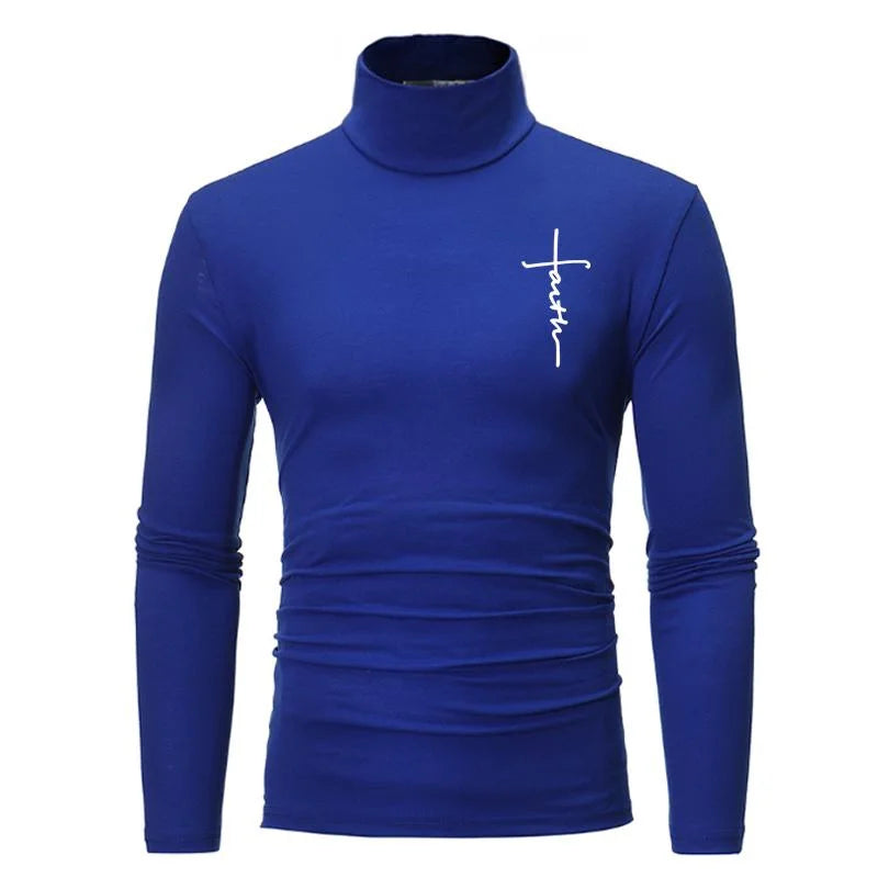 New Fashion Mens High Collar Long Sleeve T Shirt, Men's Fitness Workout Shirt Gym Training Tops Muscle Tees, Faith Graphic Tee