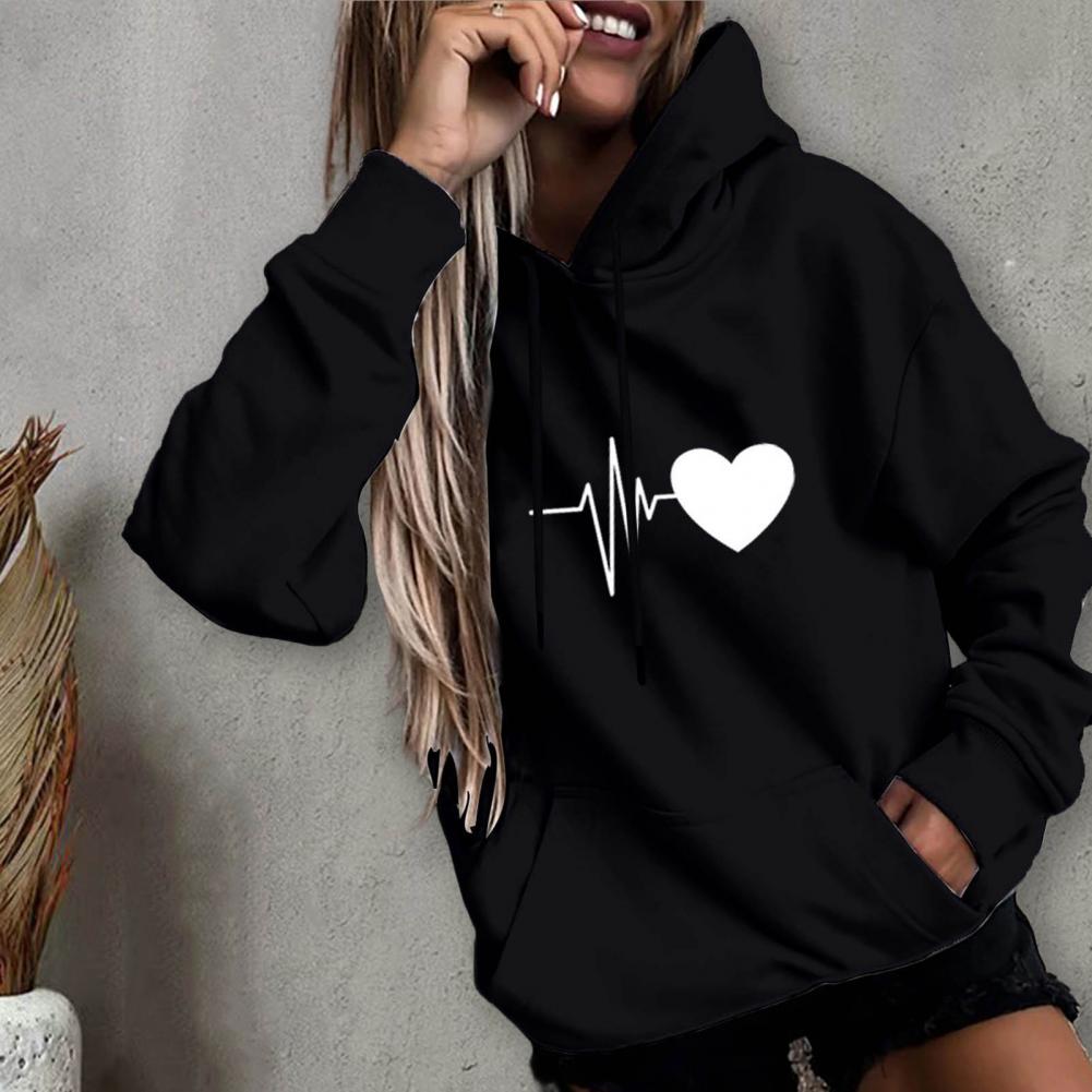 New Arrival Women Hoodie Drawstring Warm Pullover Heart Print Spring Hoodie