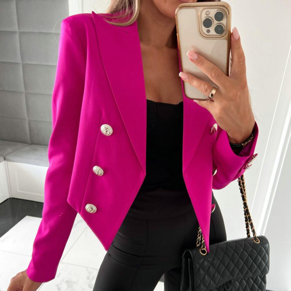 Stylish Women's Blazer with Double-Breasted Placket Lapel Short Solid Color Suit Jacket for Office Ladies Fashion