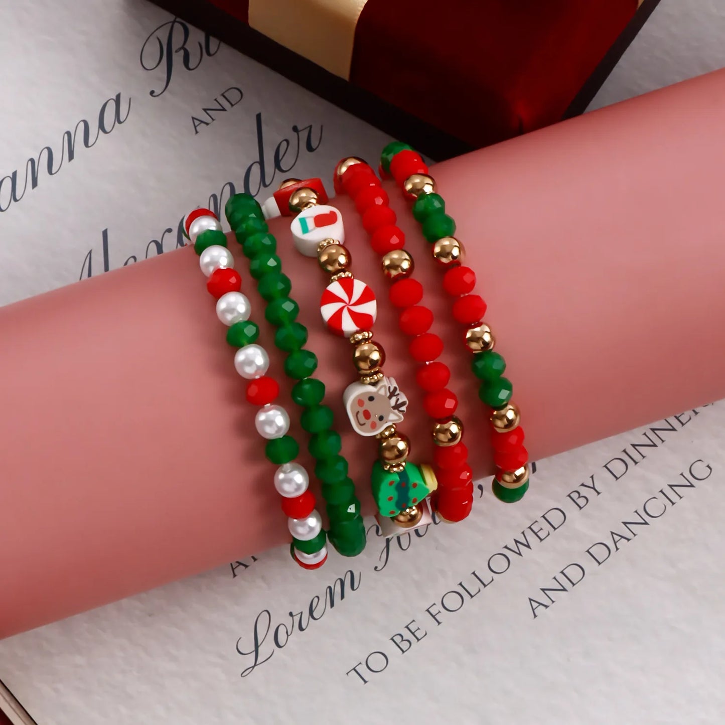 Y2K Polymer Clay Stackable Bracelet Set For Women Santa Claus Tree Elk Deer Snowflake Charm Beaded Bangle Christmas Jewelry