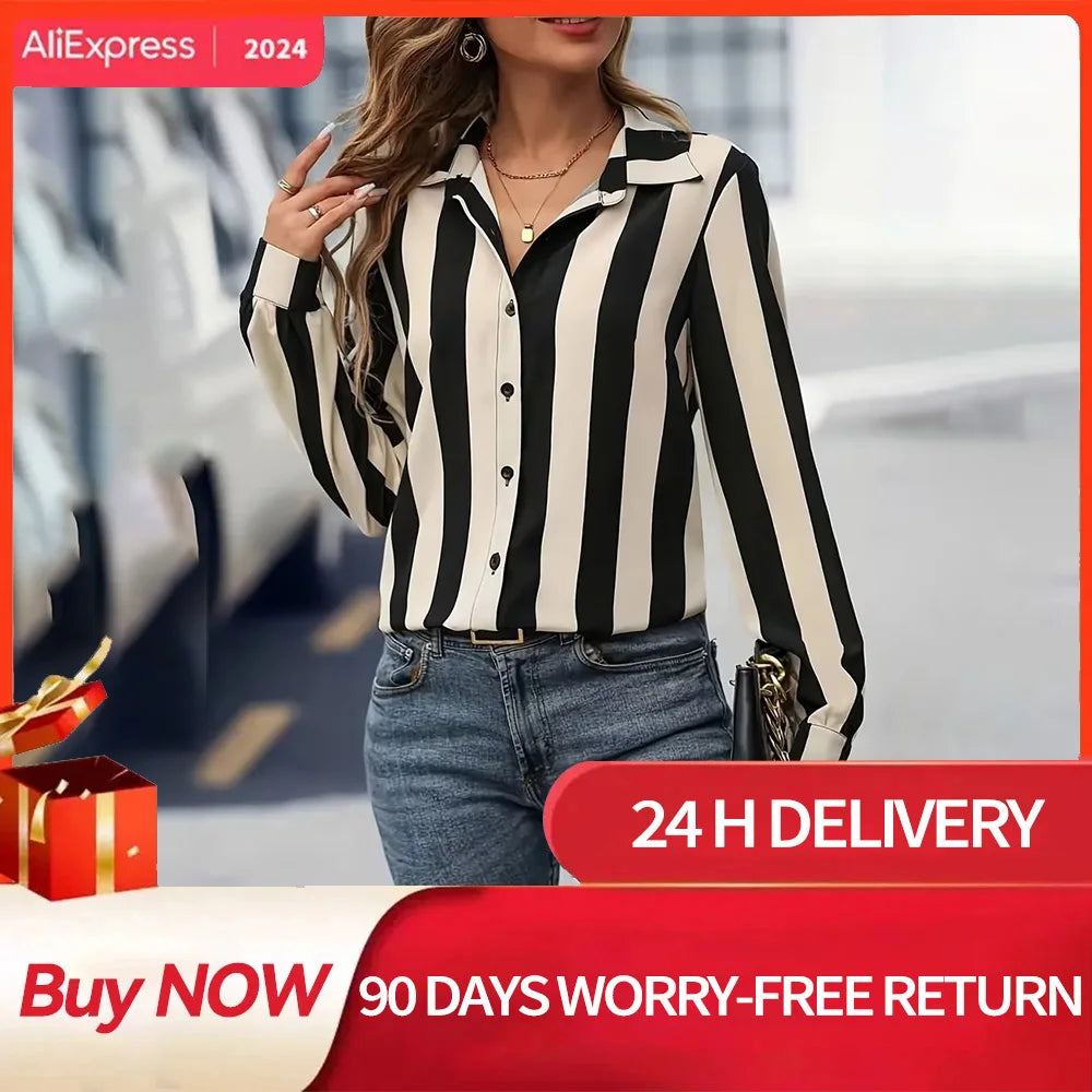 Fashion Women's Shirts & Blouses, Elegance Striped Print Shirt,2024 Spring & Summer Large Size Female Clothing Blouse Tops