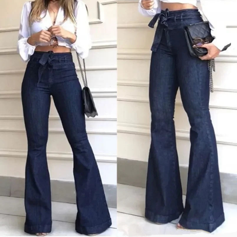 Women Jeans High Waist Flare Pants Zipper Fly Flat Pockets Streetwear Slim