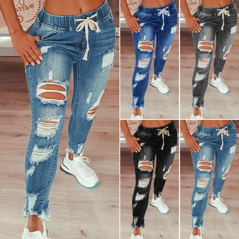 4XL Women Jeans Ripped Vintage Waist Pants Skinny Denim Pants