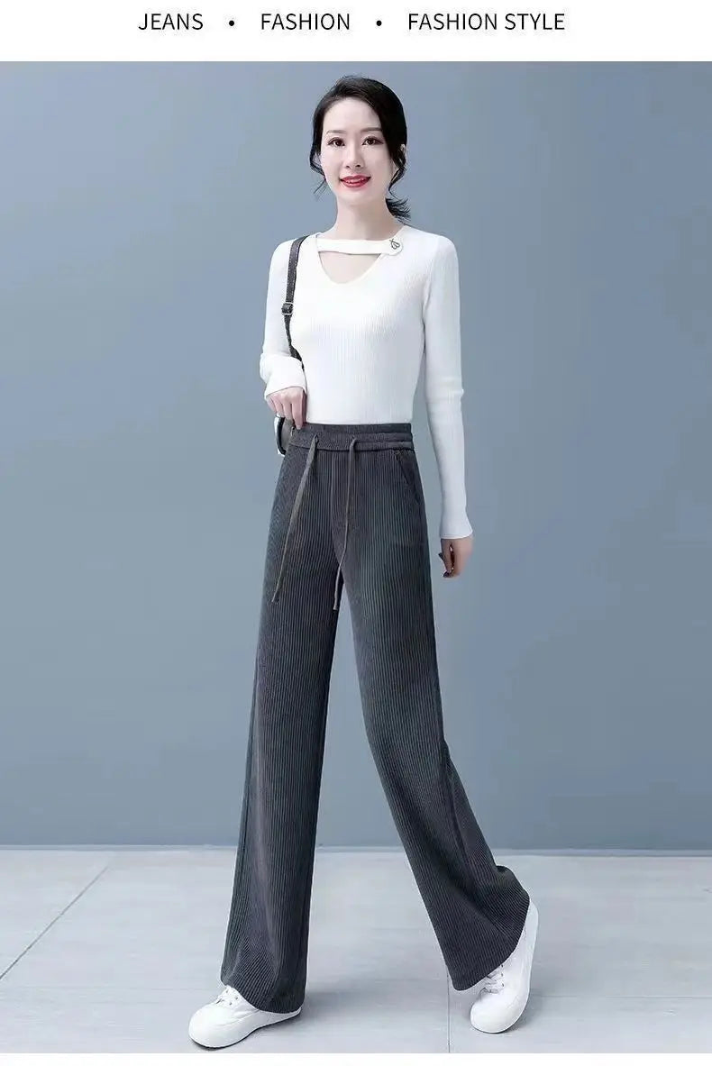 Elastic Waist Loose Casual Wide Leg Corduroy Pants Female Add Velvet Fashion All-match Trousers Women's Clothing