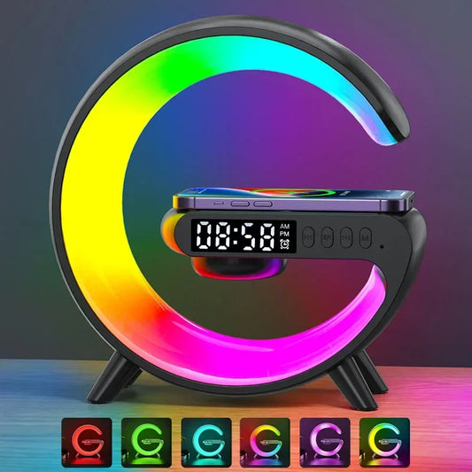 Wireless Charger Pad Stand Bluetooth Speaker LED RGB Night Lights Lamp Alarm Clock Fast Charging Station Dock for iPhone Samsung