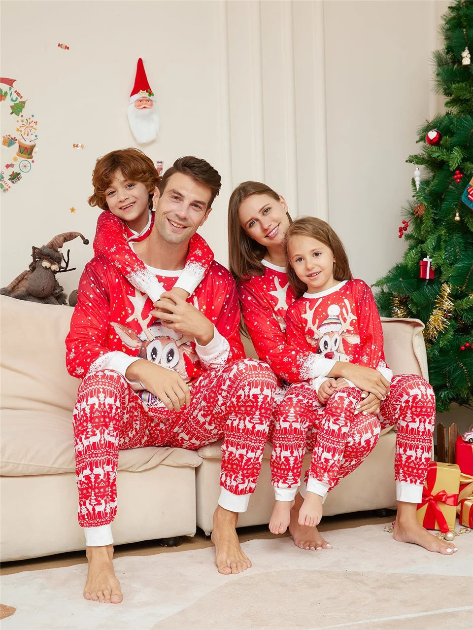 Xmas Pajamas for the Family Set Red Cartoon Elk Print Sleepwear