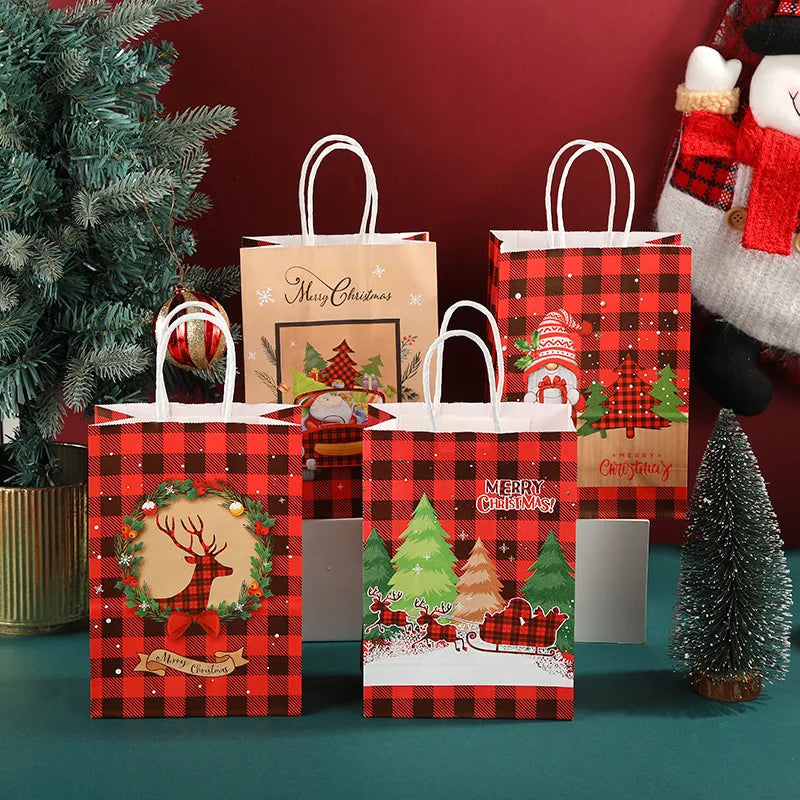 Christmas Kraft Paper Retro Grid Handheld Bag Santa Claus Gifts Box Party