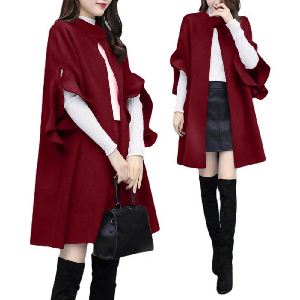 Women Winter Coat Solid Color Formal Elegant Big Hem Midi Length Long Sleeves Cardigan Stand Collar Lady Cloak Coat for Dating