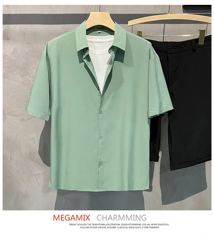 Elegant Vintage Draped Green White Shirt Men Women's Short Sleeves Casual No Ironing Required