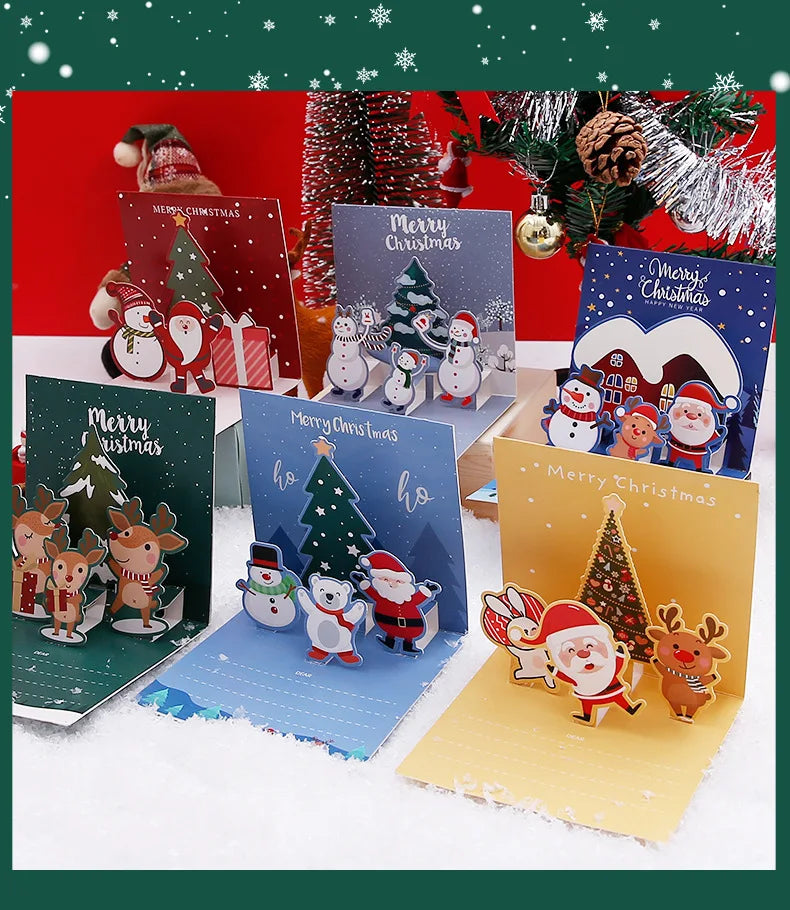 3D Pop Up Cartoon Christmas Card Merry Christmas Greeting Card Handwritten Blessing Invitation Cards Thanksgiving New Year Gifts