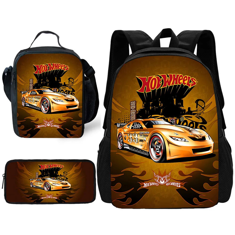 Hot Wheels Cars Child School Backpack with Lunch Bags ,Pencil Bags ,School Bags for Boys Girls Best Gift