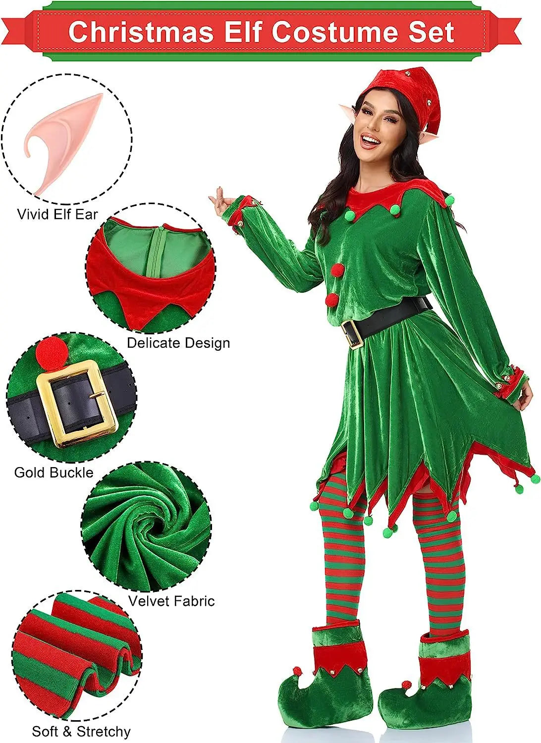 Women Girls Christmas Elf Costume Set Santa's Including Elf Hat Santa Dress Striped Stockings Shoes Belts