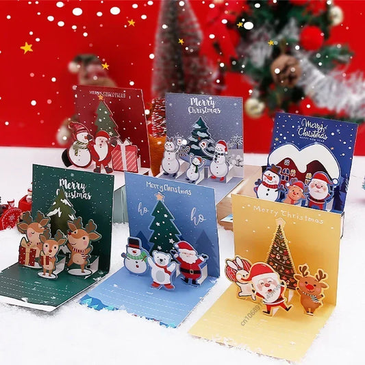 3D Pop Up Cartoon Christmas Card Merry Christmas Greeting Card Handwritten Blessing Invitation Cards Thanksgiving New Year Gifts