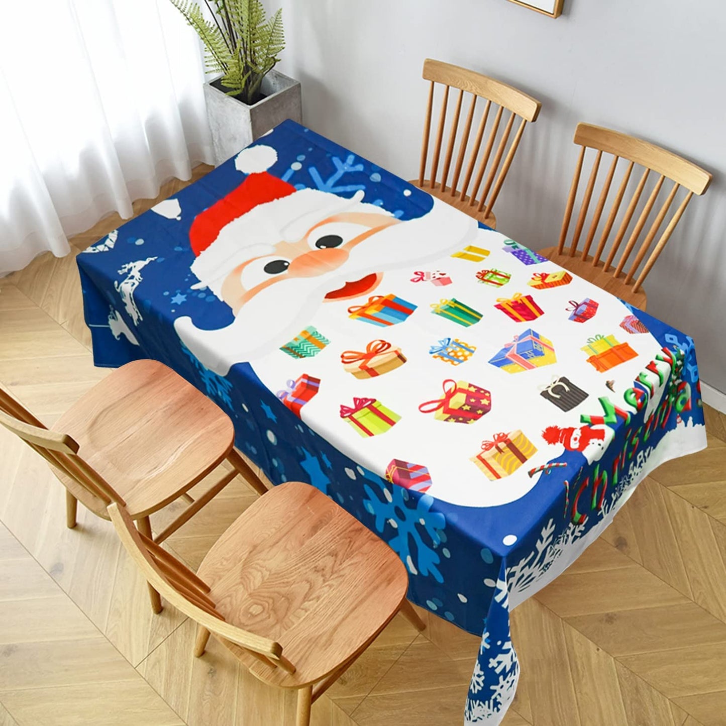 Christmas Rectangle Tablecloth, Snowflake Snowman and Santa Claus Decoration