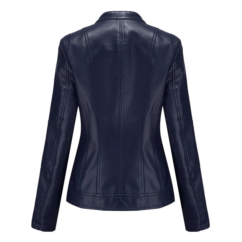 Leather Women Coat Full Sleeve Round Neck Slim Fit Solid Sexy Regular Jackets Zipper Casual Jacket