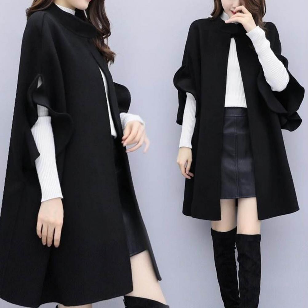 Women Winter Coat Solid Color Formal Elegant Big Hem Midi Length Long Sleeves Cardigan Stand Collar Lady Cloak Coat for Dating