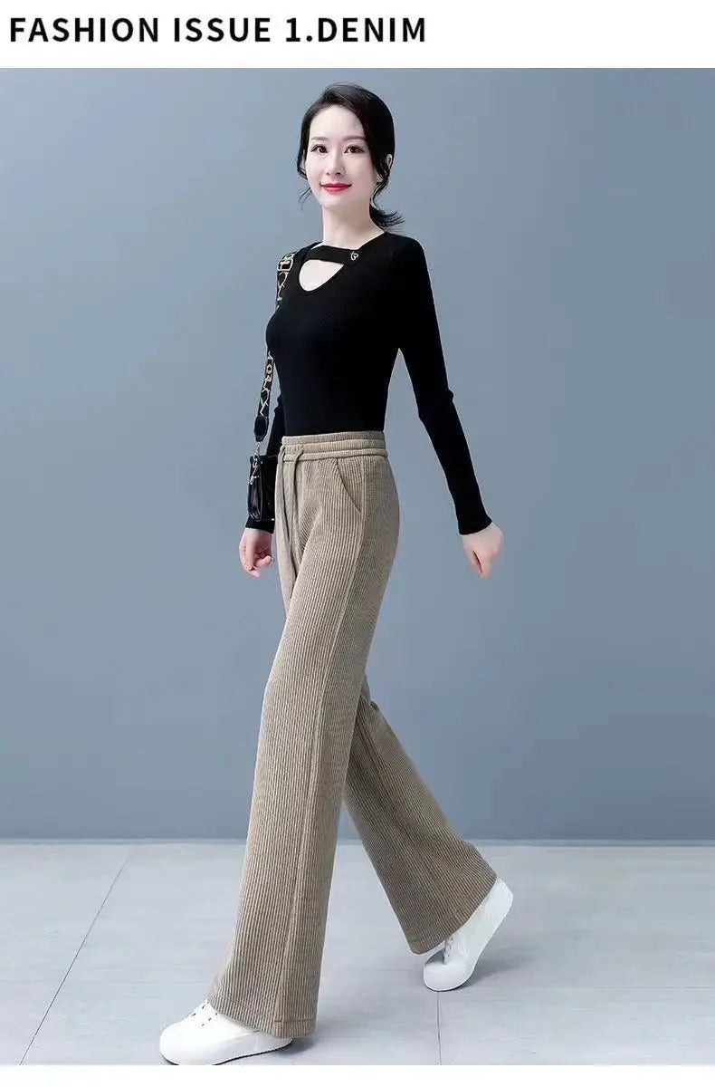 Elastic Waist Loose Casual Wide Leg Corduroy Pants Female Add Velvet Fashion All-match Trousers Women's Clothing