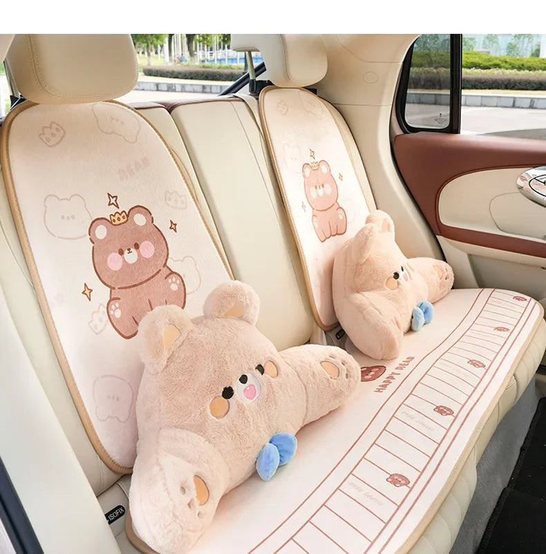 2024 Cartoon Bear Car Seat Cushion Full Set Soft Plush Cute Seat Cushion Cover Fashion Decoration Interior Accessories Universal