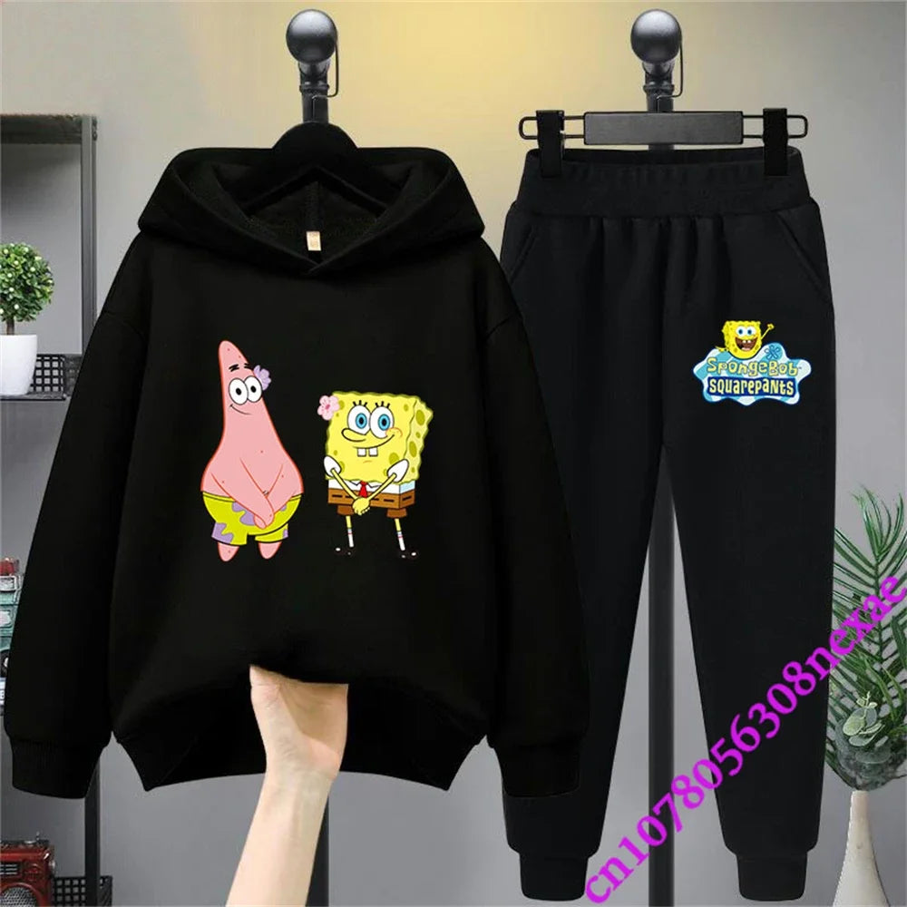 SpongeBob Spring And Autumn Children's Clothing Boys And Girls Sweater Suit 2 Pieces Cartoon Print Sweater Sportswear Trousers