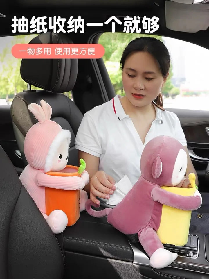 2 in 1 Cute Car Tissue Box Creative Short Plush Tissue Holder Car Armrest Storage Boxes Stowing Tidying Interior Accessories