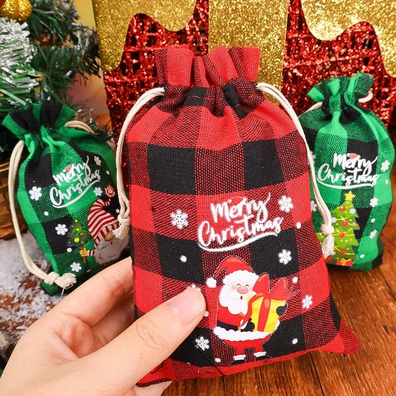 Christmas Burlap Bag Linen Xmas Gift Packaging Bags Santa Claus Snowman Drawstring Pocket Pouch Kids Favors Wrapping Box