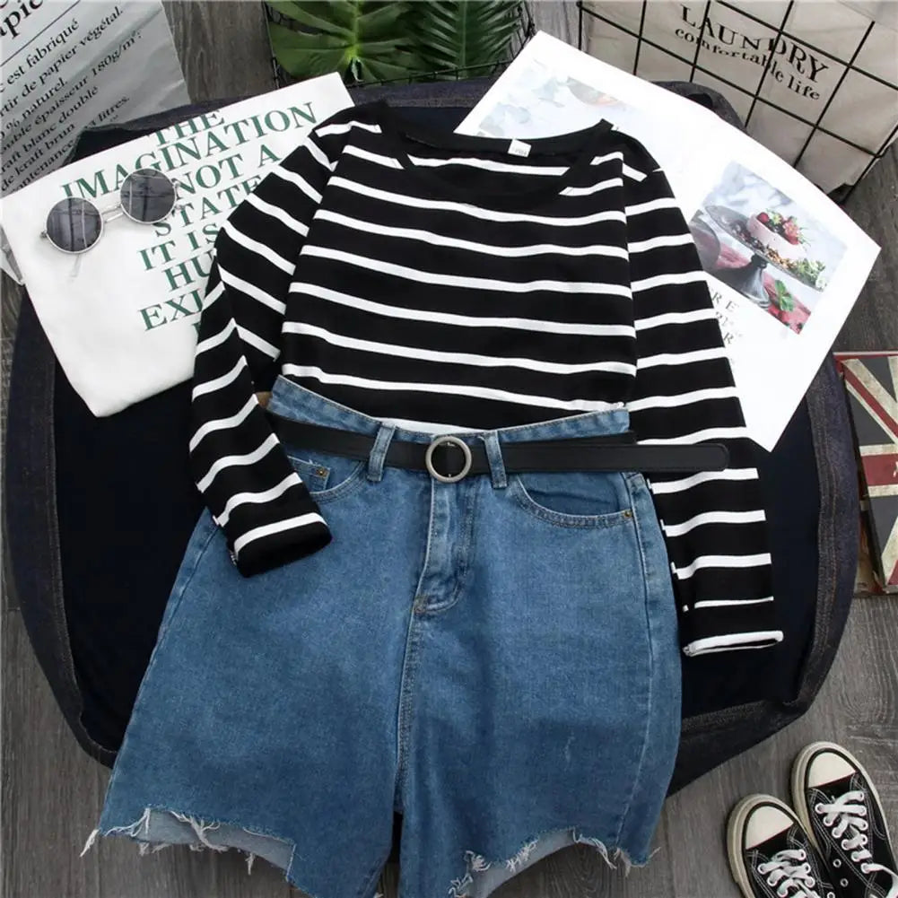 Long Sleeve Blouse Bottoming Shirt Sweat Absorbing O-Neck Anti Pilling Classic Striped Print Korean Style Pullover Blouse Tee Shirt Stretchy