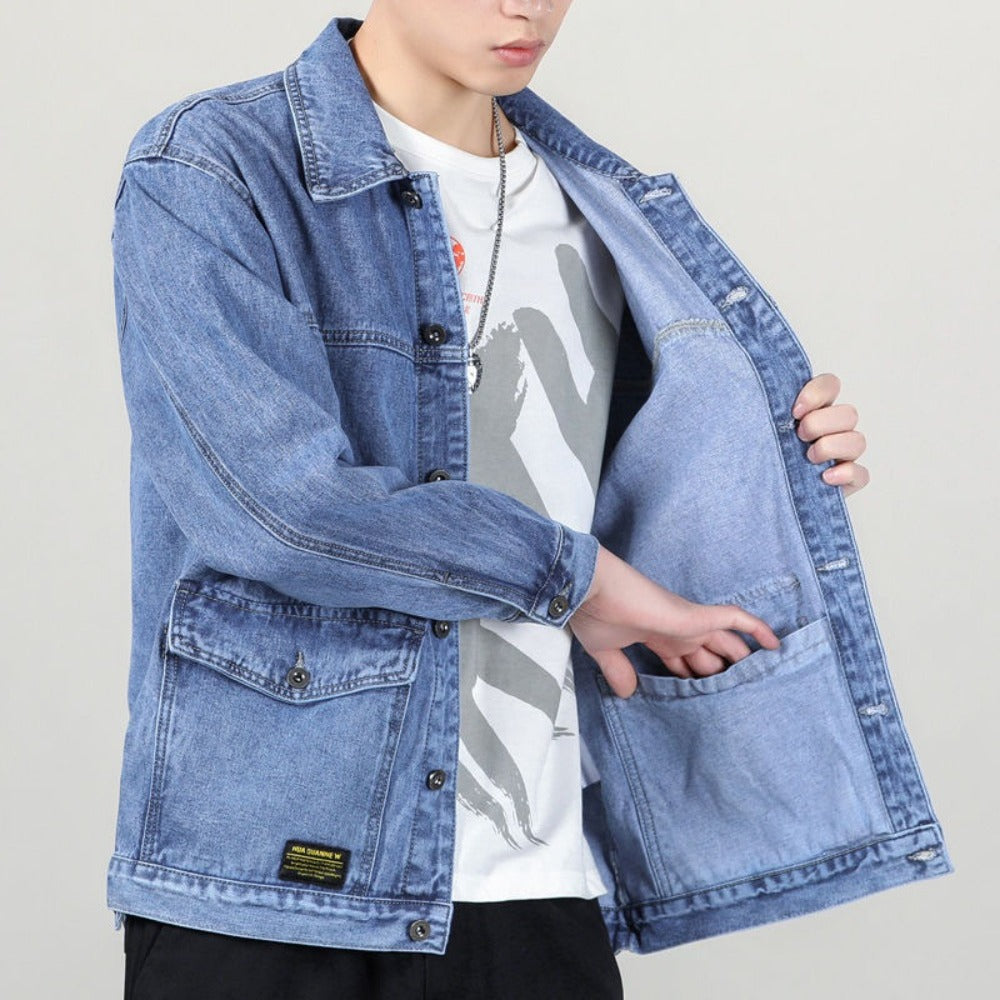 Denim Men's Jacket men's baggy multi-pocket trend matching handsome top large size lapel casual jacket