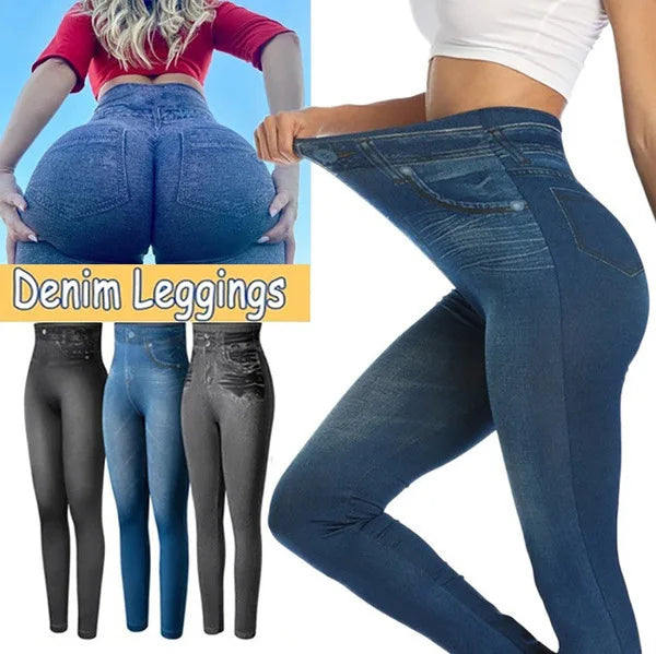 New Vintage Elastic Imitation Denim Leggings for Women's High Waist Slim Fit Hip Leggings Women's