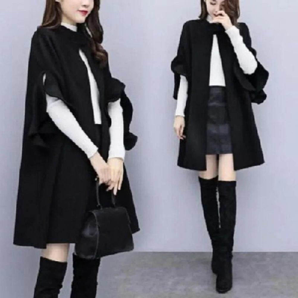 Women Winter Coat Solid Color Formal Elegant Big Hem Midi Length Long Sleeves Cardigan Stand Collar Lady Cloak Coat for Dating