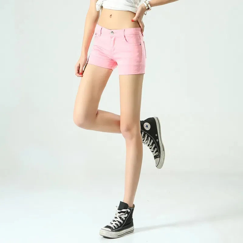 Color Summer Cool Mid Rise Denim Shorts Women Slim Fit Cotton Breeches Fresh Sweet Girl Casual Pants Clothes Gift