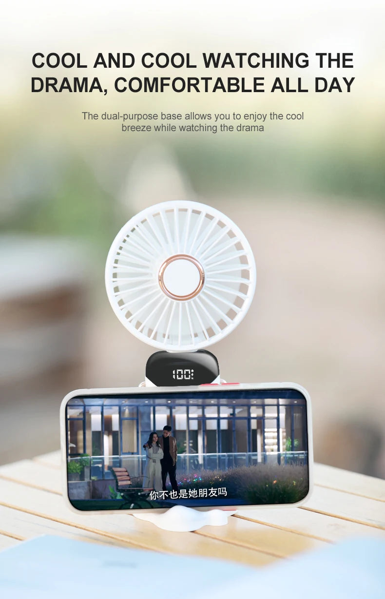 Mini Fan Foldable Portable Neck Hanging Fans 5 Speed Rechargeable Fan with Phone Stand and Display Screen USB Handheld