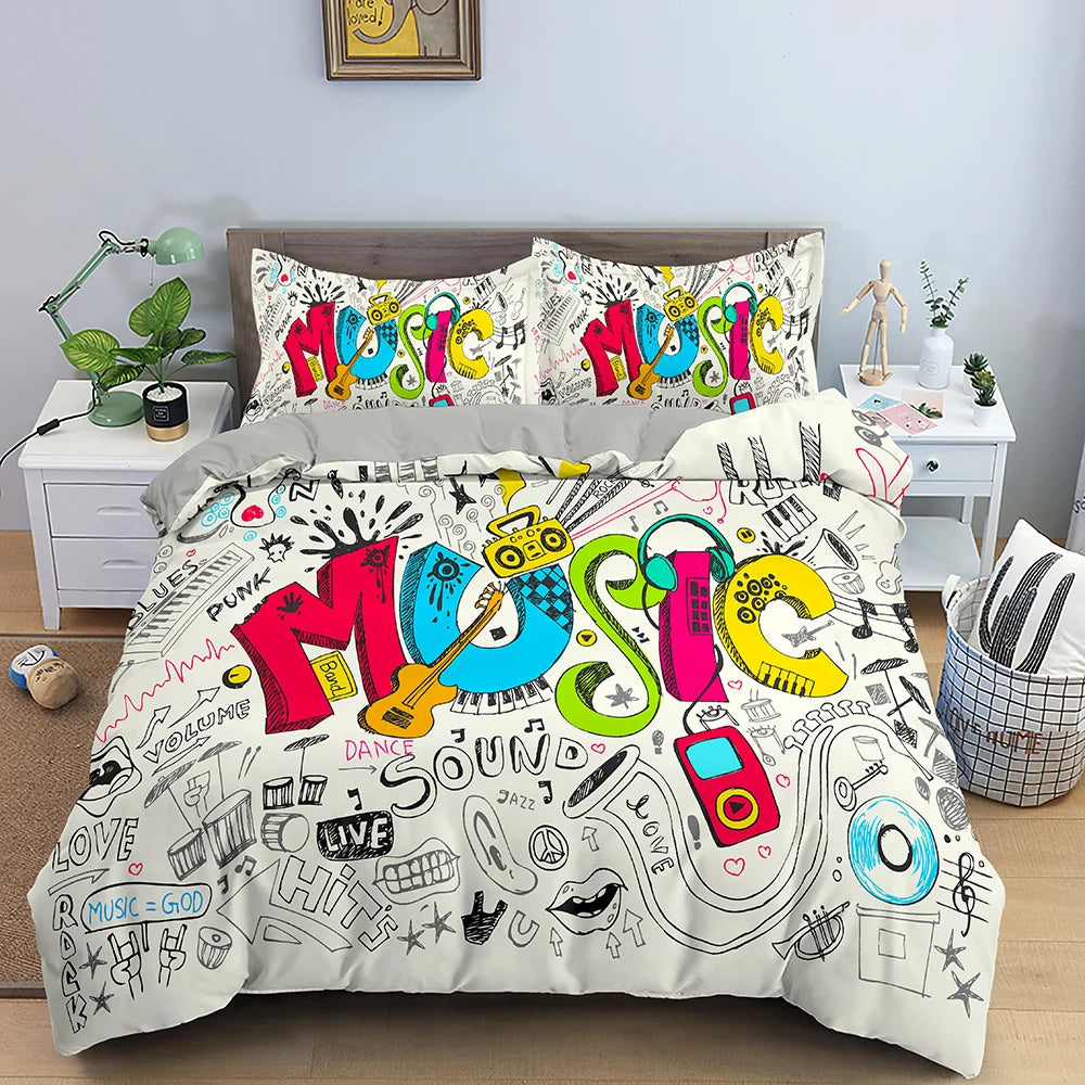 Musical Note Bedding Set 3pcs Music Theme Quilt Cover King/Queen Size With Pillowcase Fashionable Psychedelic Soft Duvet Cover