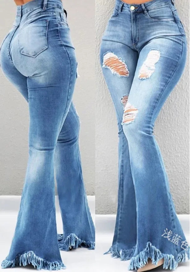 Ripped Jean Distressed Flare Full Length Women Denim Pants Hole Pockets High Waist