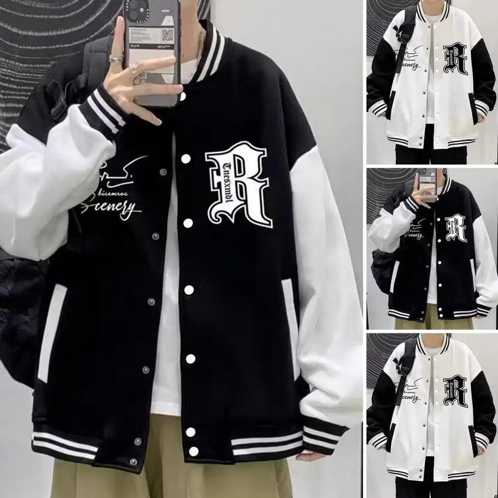 Men's Baseball Jacket with Letter Print Elastic Striped Cuff Fall Winter Single-breasted Color Matching