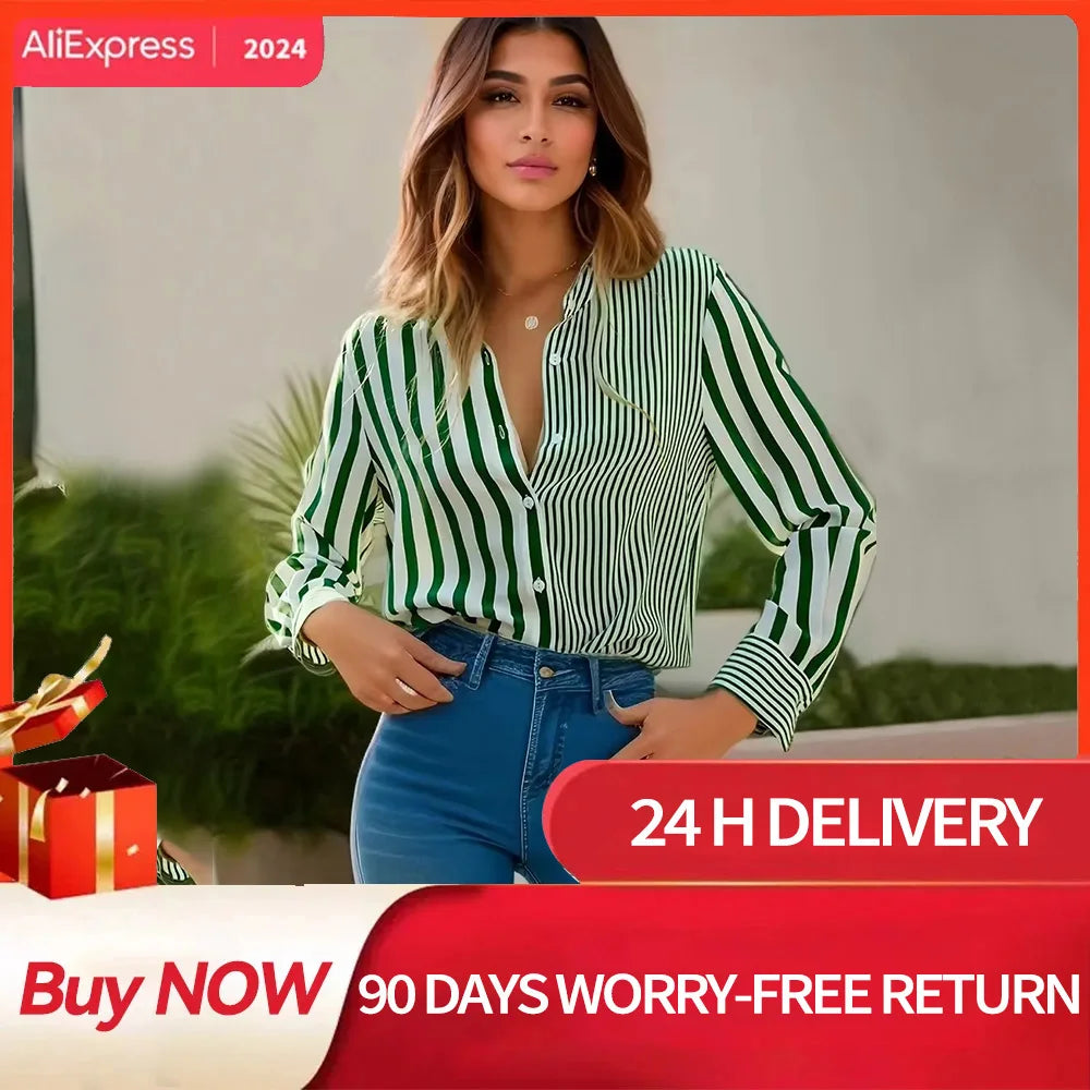 Fashion Women's Shirts & Blouses, Green Elegant Stripes Print Shirt Female Clothing Blouse Tops