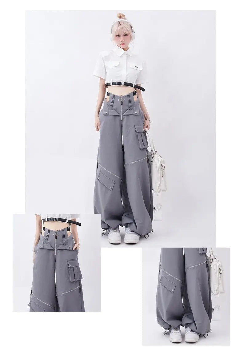 Grey Cargo pants female summer casual original retro multi zip pocket two wear design drawstring casual oversized trousers women