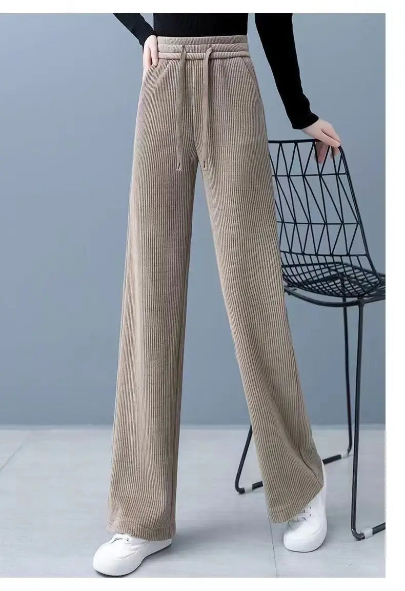 Elastic Waist Loose Casual Wide Leg Corduroy Pants Female Add Velvet Fashion All-match Trousers Women's Clothing