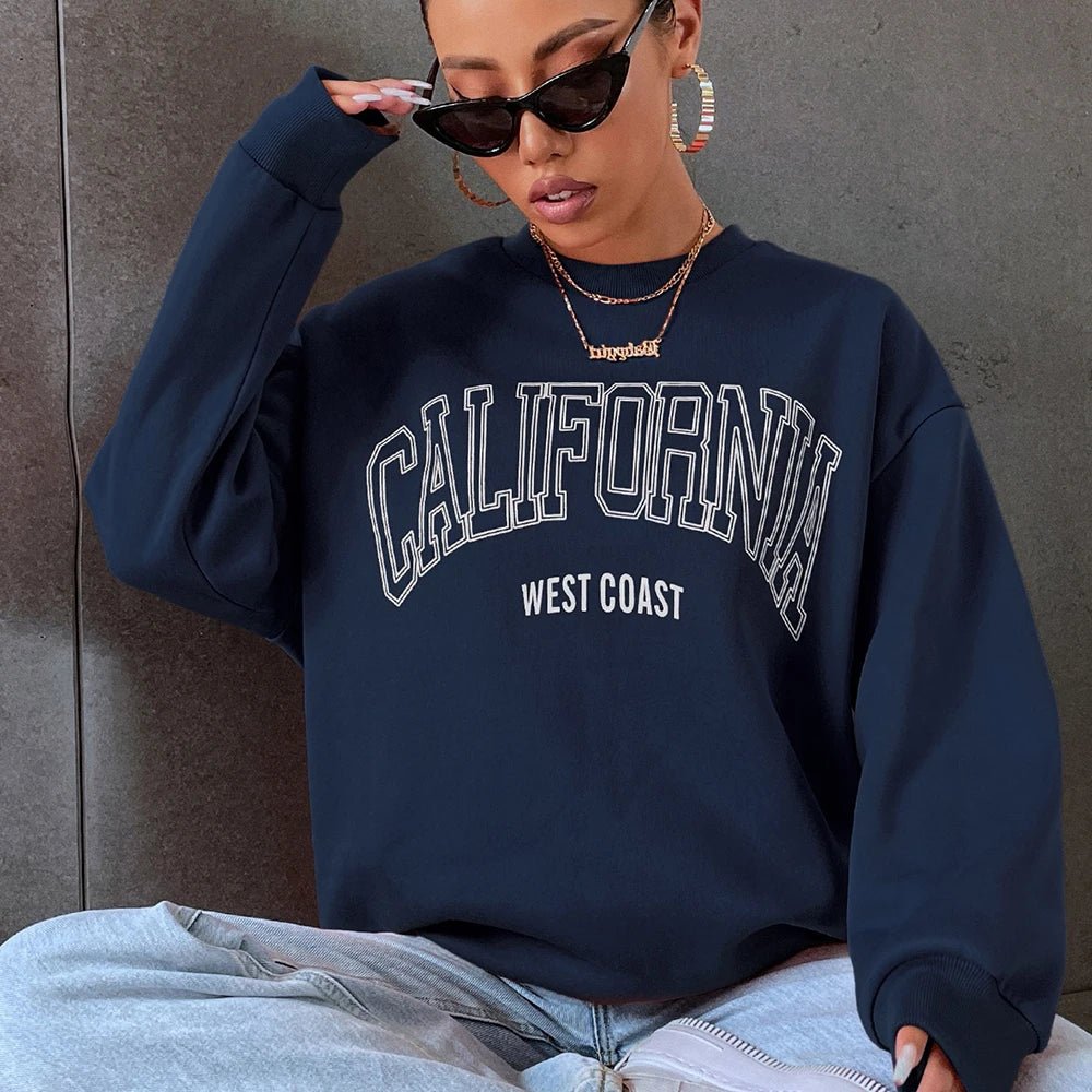 Korean Trend Woman Sweatshirts California West Coast Print Female hoodie Long Sleeves O-neck Pullovers Sporty and Rich Clothing