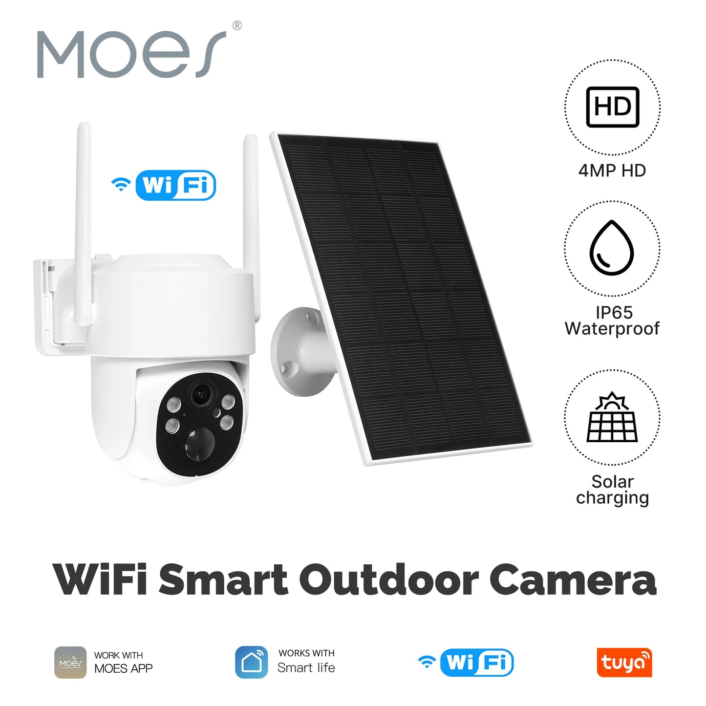 MOES Tuya WiFi 4MP Surveillance Smart Security Camera Solar Charging IP65 Waterproof Human Tracking Full Color Night Vision