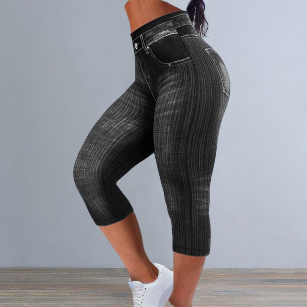 Women Cropped Pants Stretch Fitness Fake Pockets High Waist Butt-lifted Faux Denim Jeans Soft Casual Thin Pencil Pants