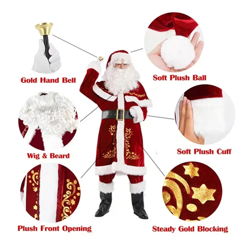 Christmas Santa Claus Costume Red Velvet Lady Elegant Long Dress Xmas For Man Woman