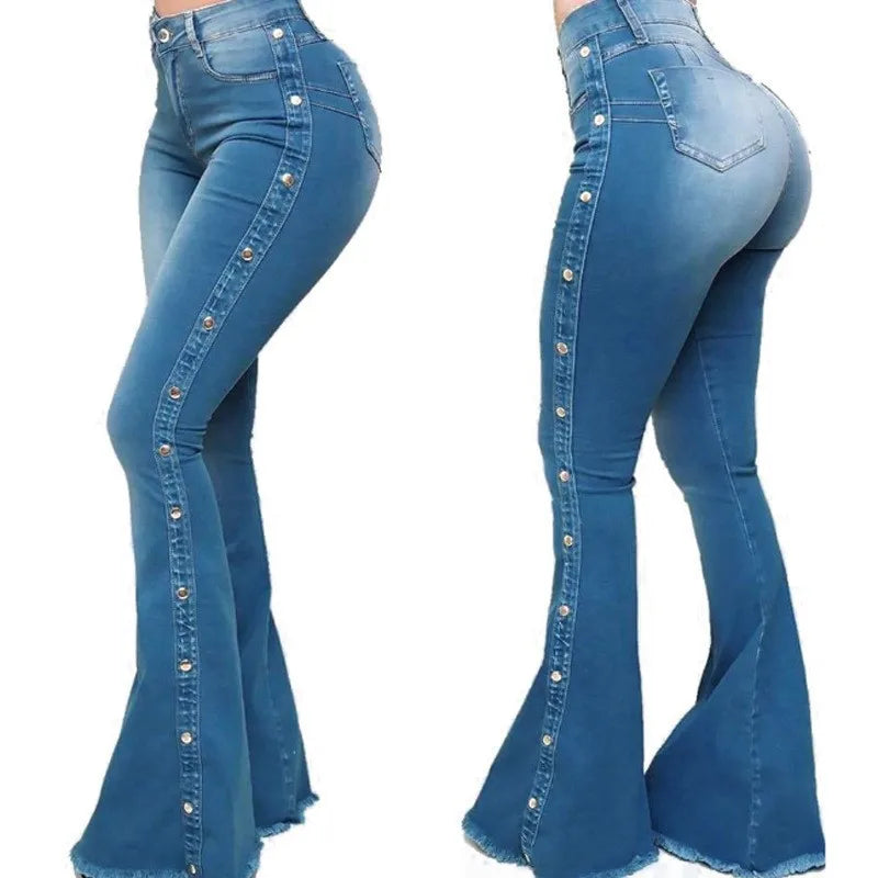 High Waist Flare Elegant Wide Leg Women Jeans Pant Long Pants Hollow Out Blue Elegant