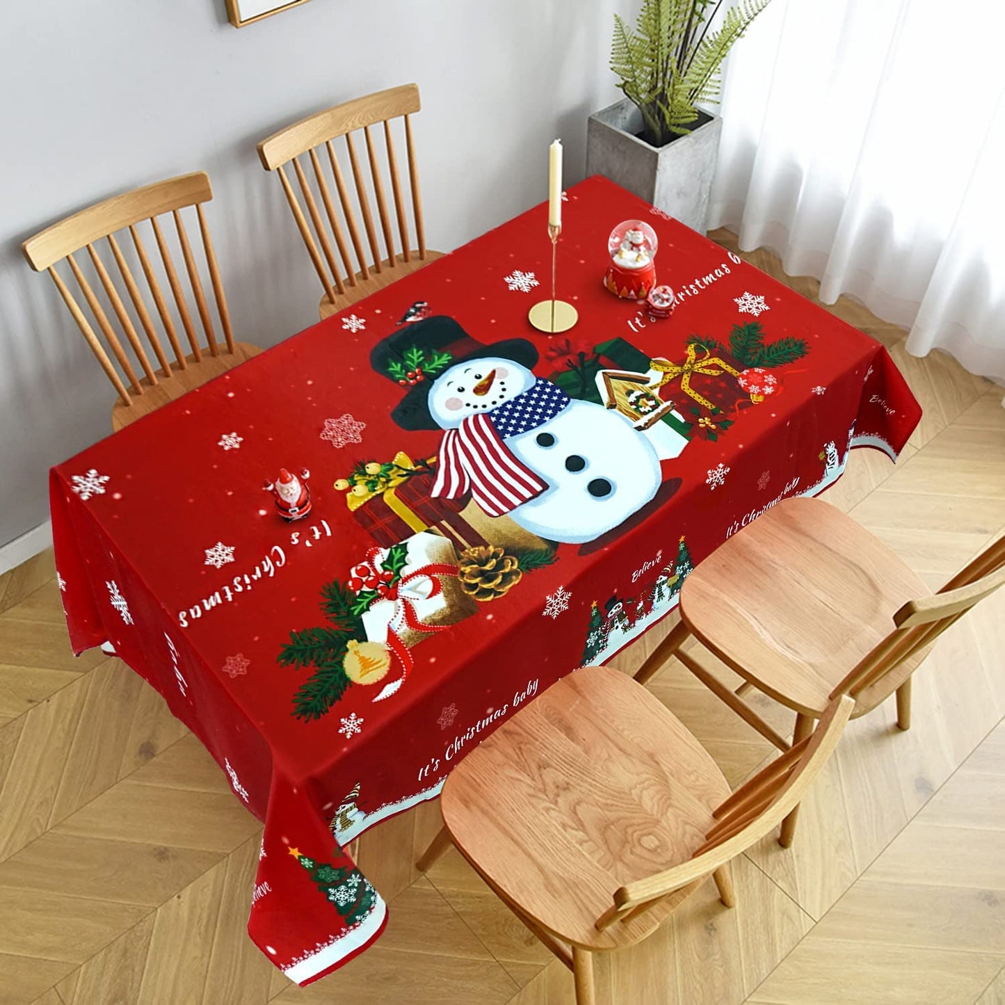 Christmas Rectangle Tablecloth, Snowflake Snowman and Santa Claus Decoration