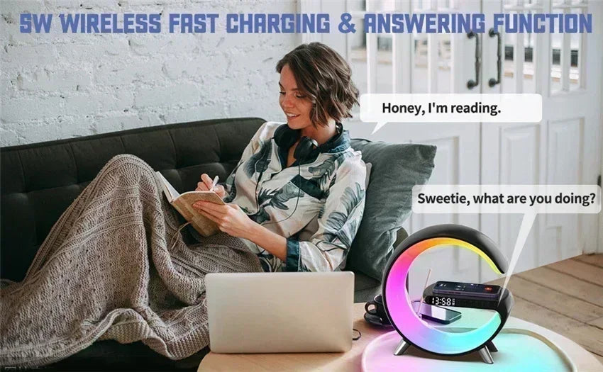 Wireless Charger Pad Stand Bluetooth Speaker LED RGB Night Lights Lamp Alarm Clock Fast Charging Station Dock for iPhone Samsung