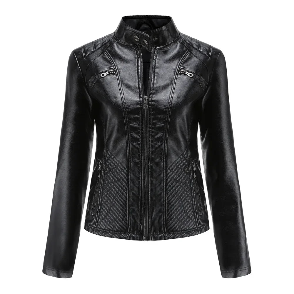 Women's Coat Fashion Trend Simple Analog Collar Zipper PU Leather Motorcycle Jacket for Women