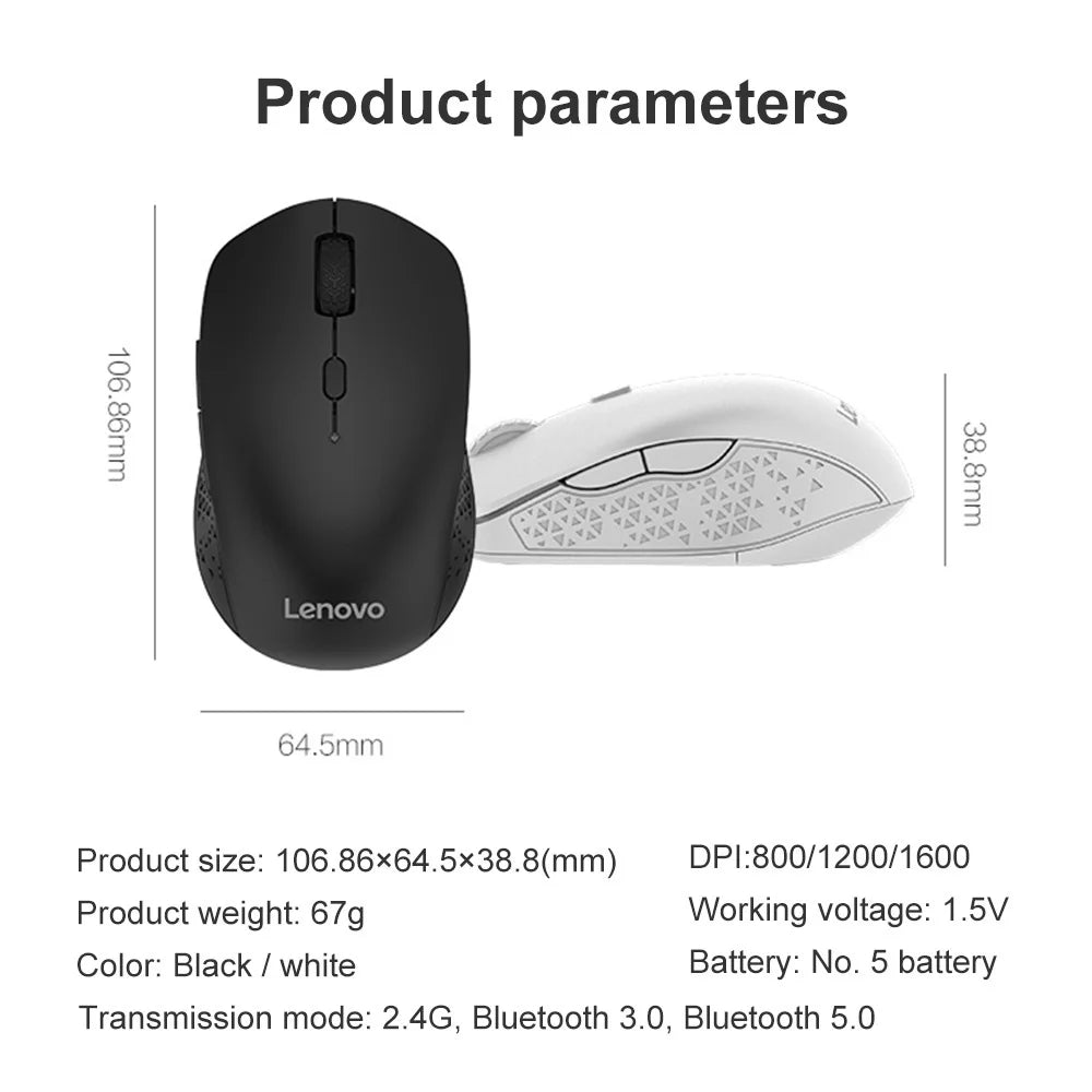 Lenovo Bluetooth Mouse Wireless Dual Mode Mouse Portable Home Business Office Gaming Mouse Laptop Accessories 1000DPI Recommend