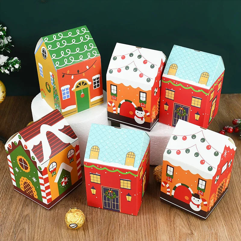 4pcs Christmas House Shape Candy Box Cartoon Merry Christmas Gift Packaging Chocolate Box Navidad 2024 New Year Party Kids Gifts