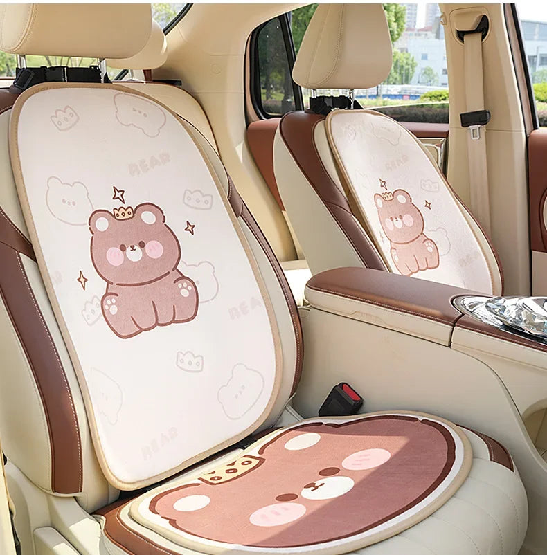 2024 Cartoon Bear Car Seat Cushion Full Set Soft Plush Cute Seat Cushion Cover Fashion Decoration Interior Accessories Universal